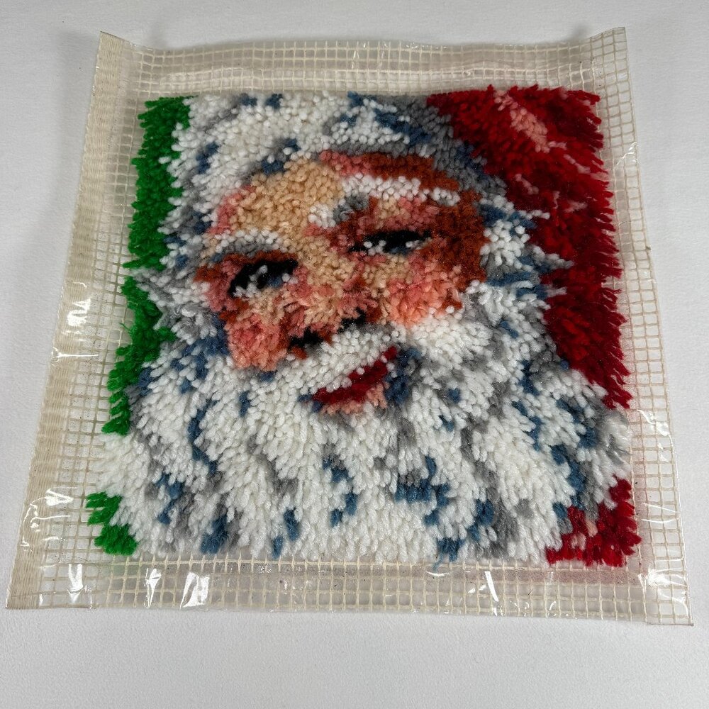 Completed Caron WonderArt Latch Hook Kit Traditional Santa 12" for a Pillow Wall